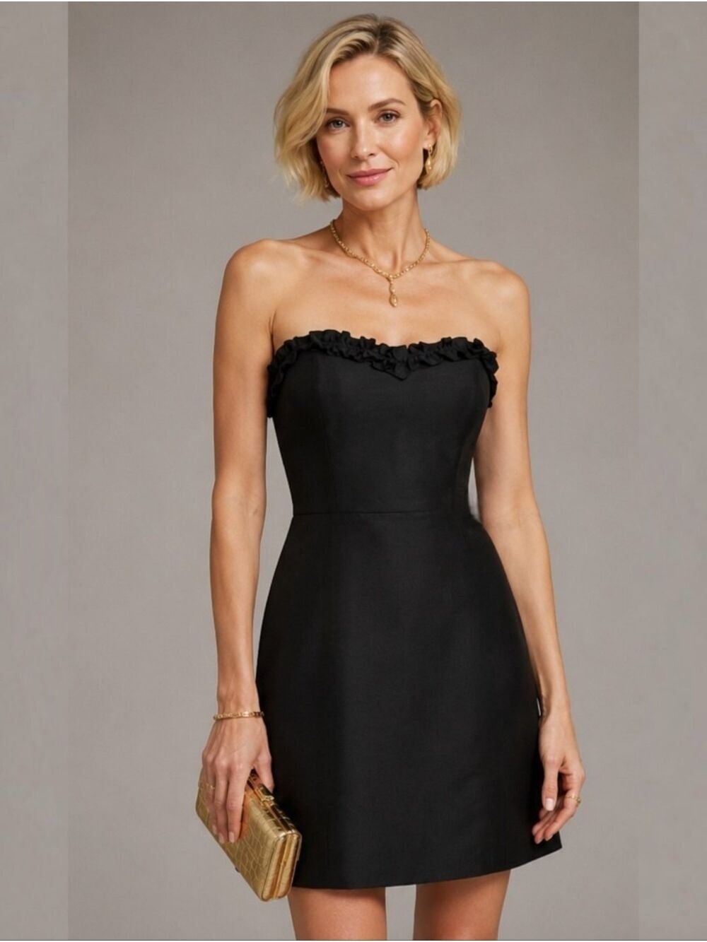 LulaKate Black Strapless Ruffle Trim Dress Size 8